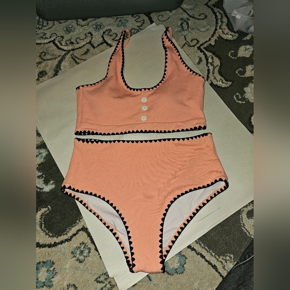 Beach Sissi Peach Black Trim 2pc Bikini SZ M